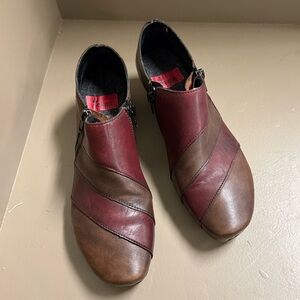 Rieker Women’s Brown Red Leather Shoes w zipper Accents Low Heel 70’s Vibe EUC